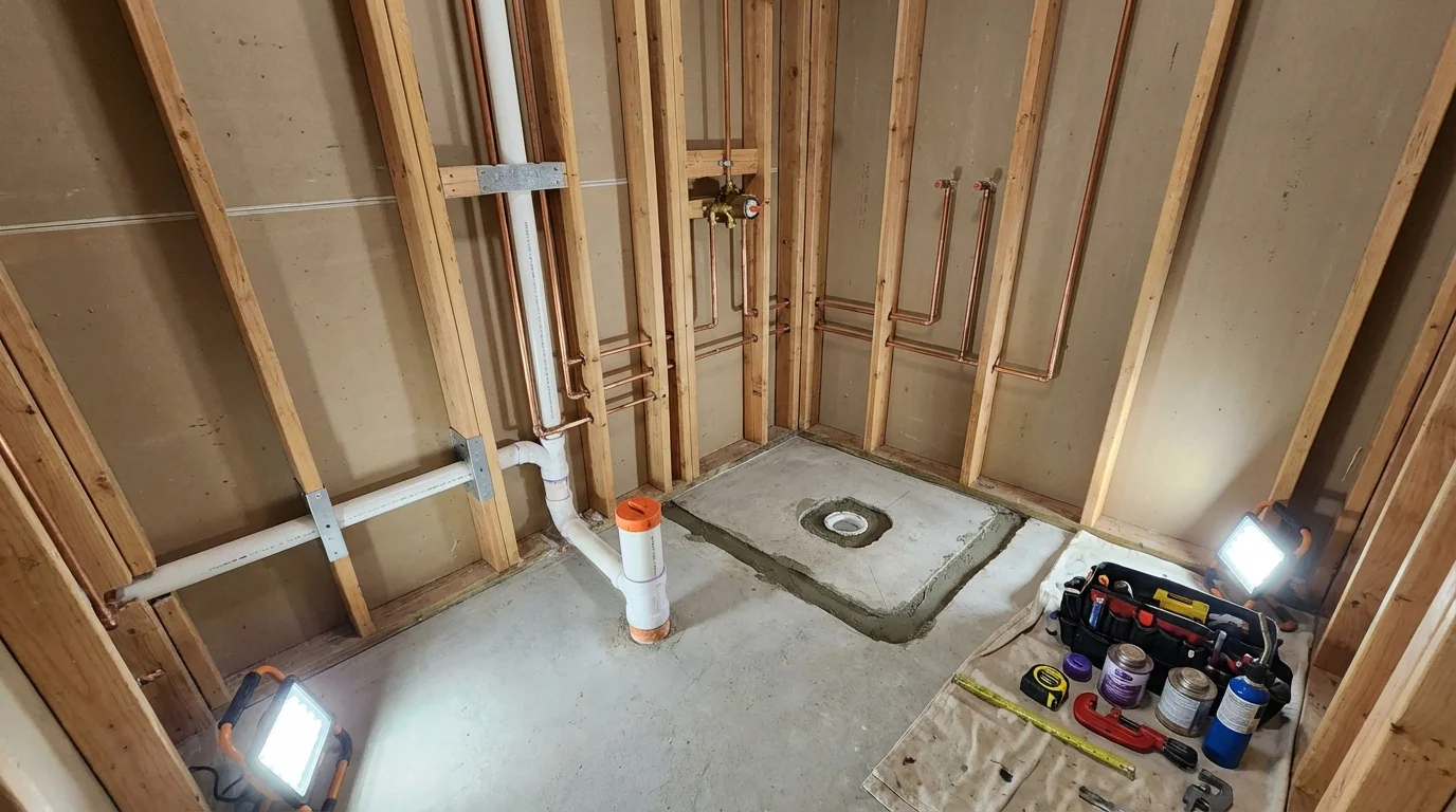 Bathroom rough-in plumbing during remodel by Johns Plumbing LLC in Montello