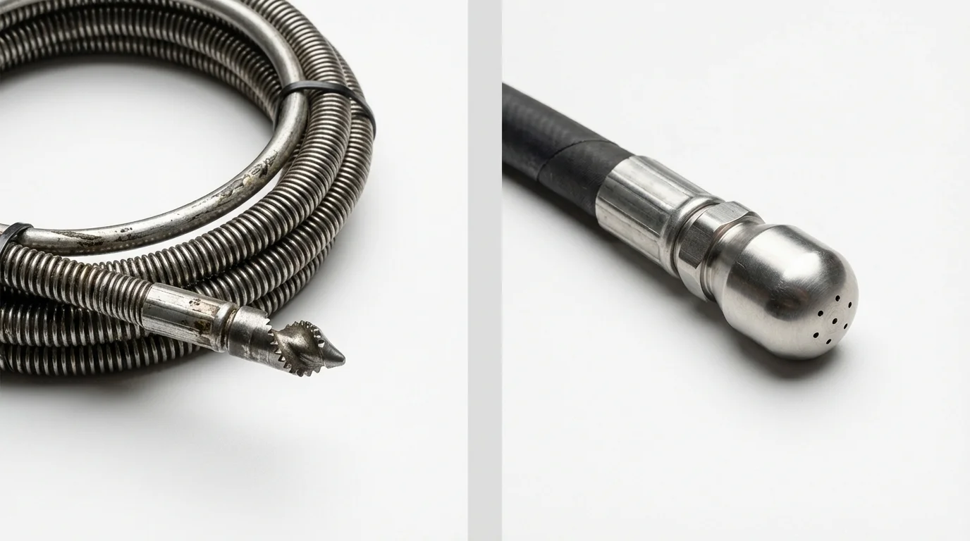 Drain snake cable and hydro jetting nozzle used for drain cleaning in Montello, WI