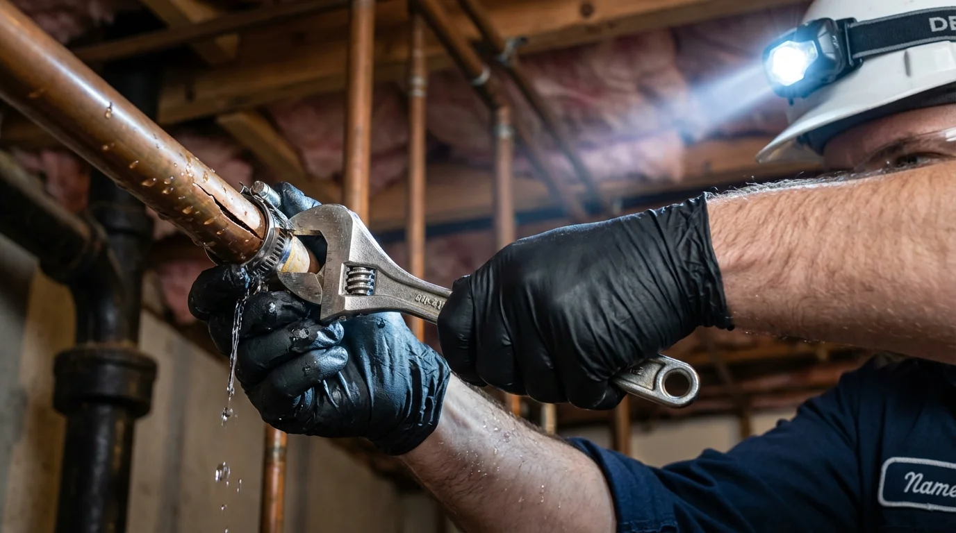 Emergency pipe clamp repair being performed by a Johns Plumbing LLC plumber in Montello