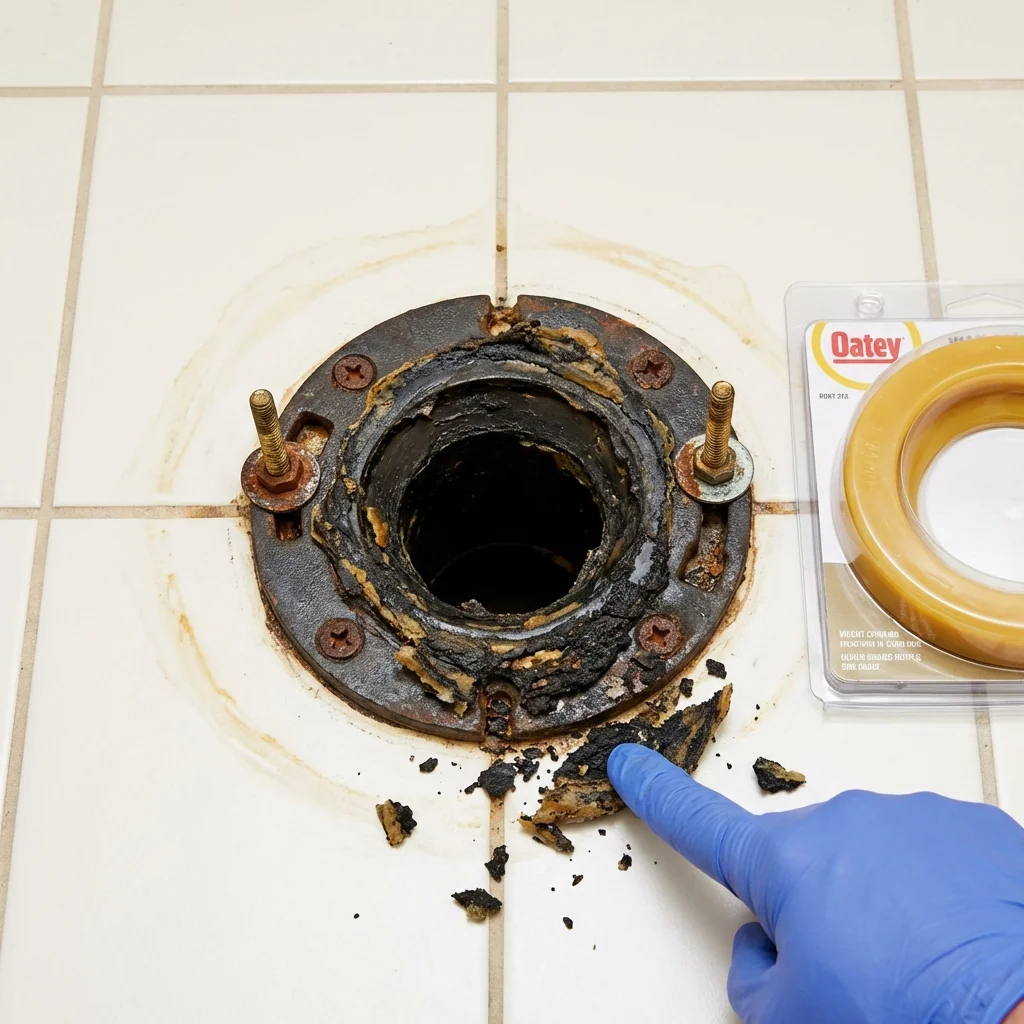 Failed wax ring showing water seepage at the base of a toilet in a Montello, WI home