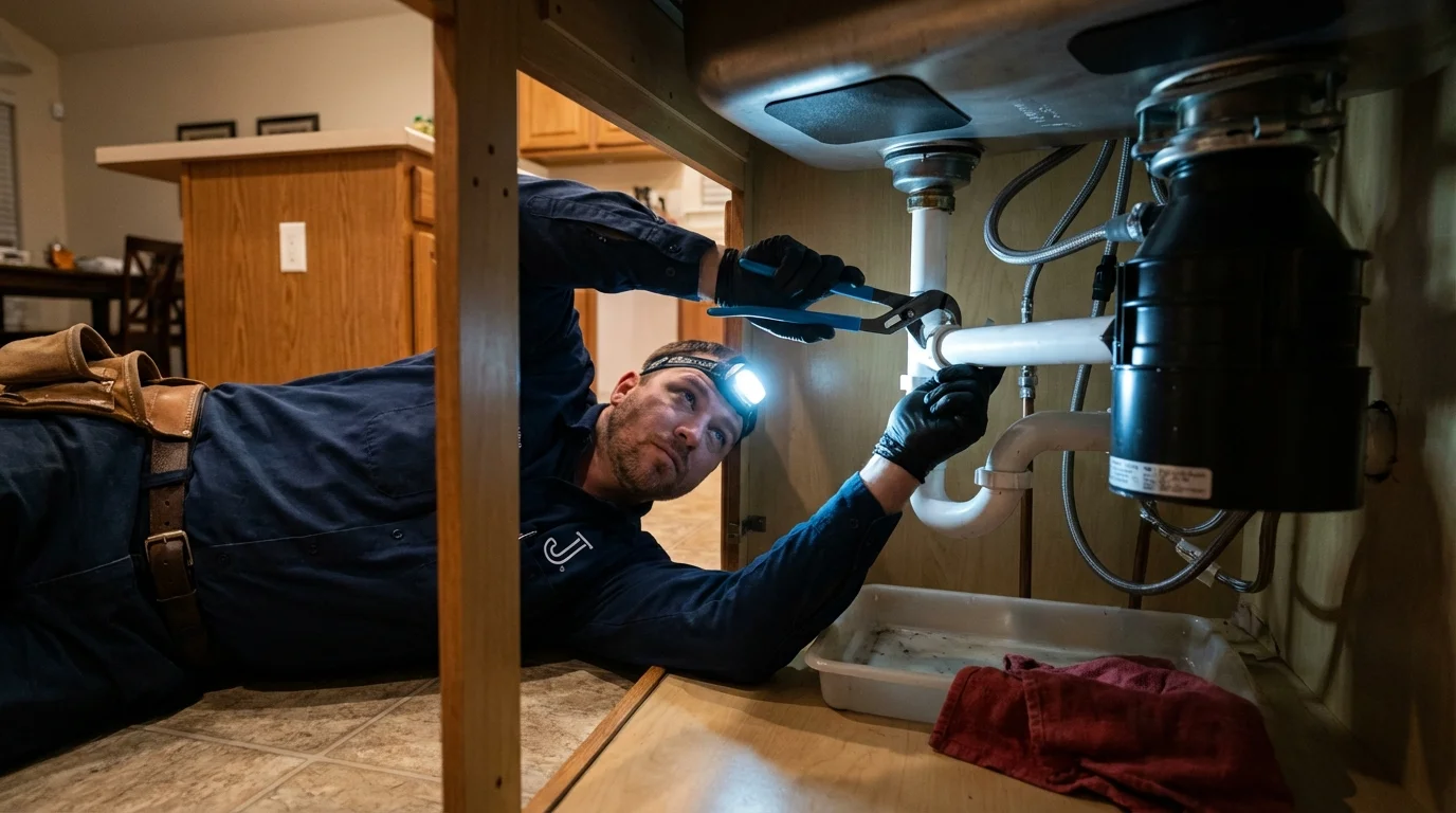 P-trap and supply line connections under a kitchen sink showing a common leak point in Montello, WI